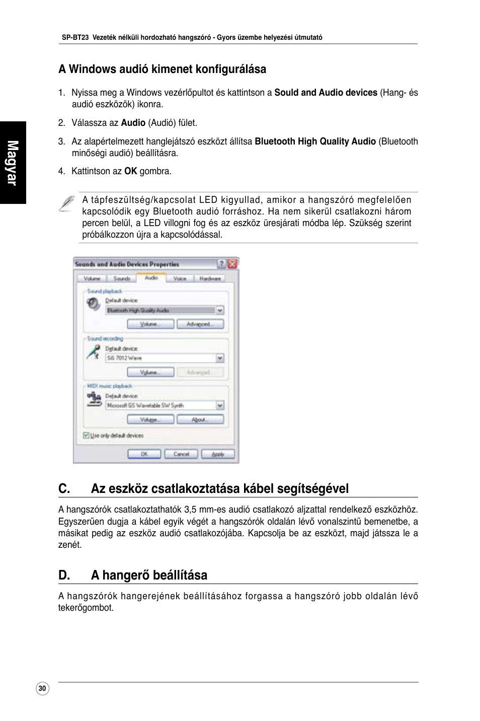 Magyar, C. az eszköz csatlakoztatása kábel segítségével, D. a hangerő beállítása | A windows audió kimenet konfigurálása | Asus SP-BT23 User Manual | Page 35 / 77