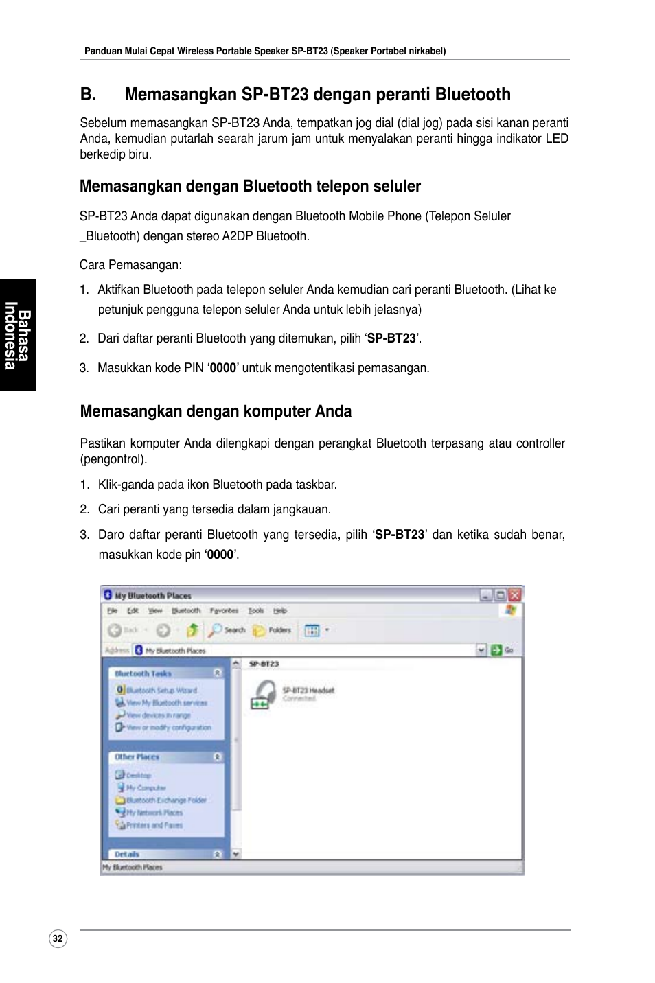 B. memasangkan sp-bt23 dengan peranti bluetooth, Bahasa indonesia, Memasangkan dengan komputer anda | Memasangkan dengan bluetooth telepon seluler | Asus SP-BT23 User Manual | Page 37 / 77