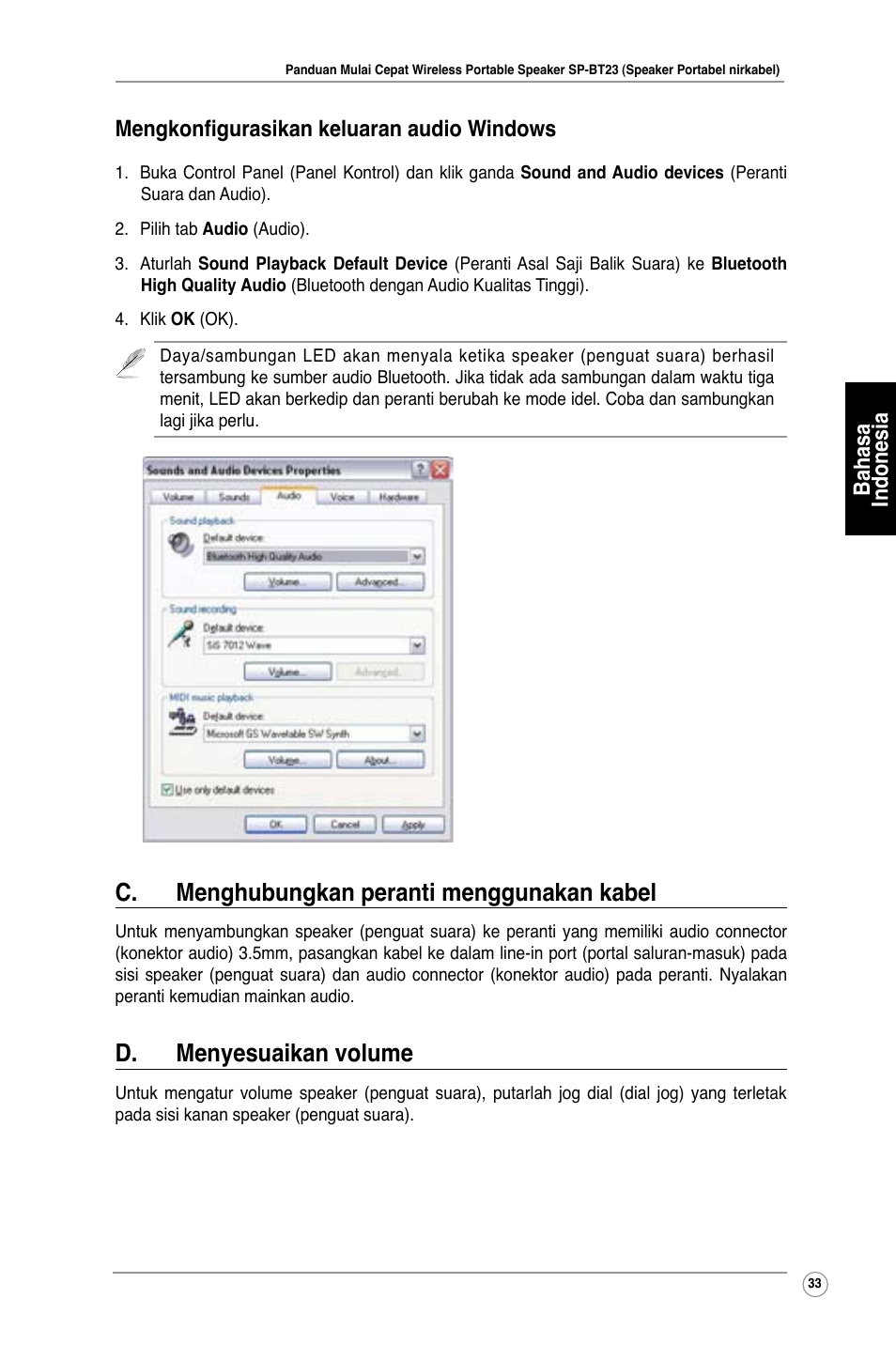 C. menghubungkan peranti menggunakan kabel, D. menyesuaikan volume | Asus SP-BT23 User Manual | Page 38 / 77