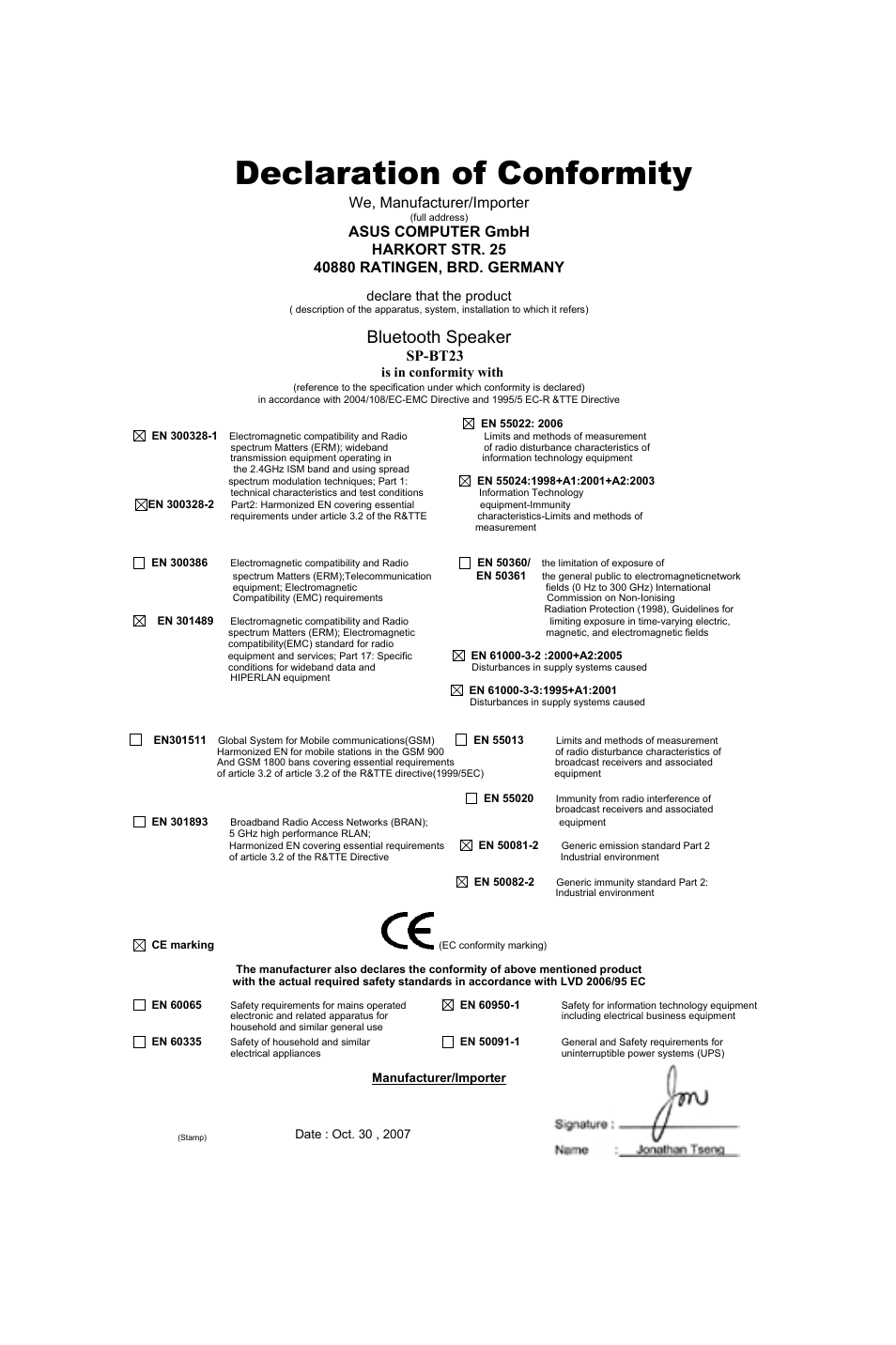 Declaration of conformity, Bluetooth speaker, We, manufacturer/importer | Sp-bt23 | Asus SP-BT23 User Manual | Page 4 / 77