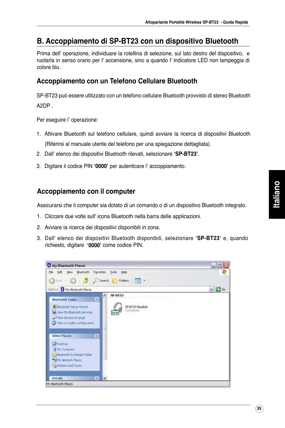 Italiano, Accoppiamento con il computer, Accoppiamento con un telefono cellulare bluetooth | Asus SP-BT23 User Manual | Page 40 / 77