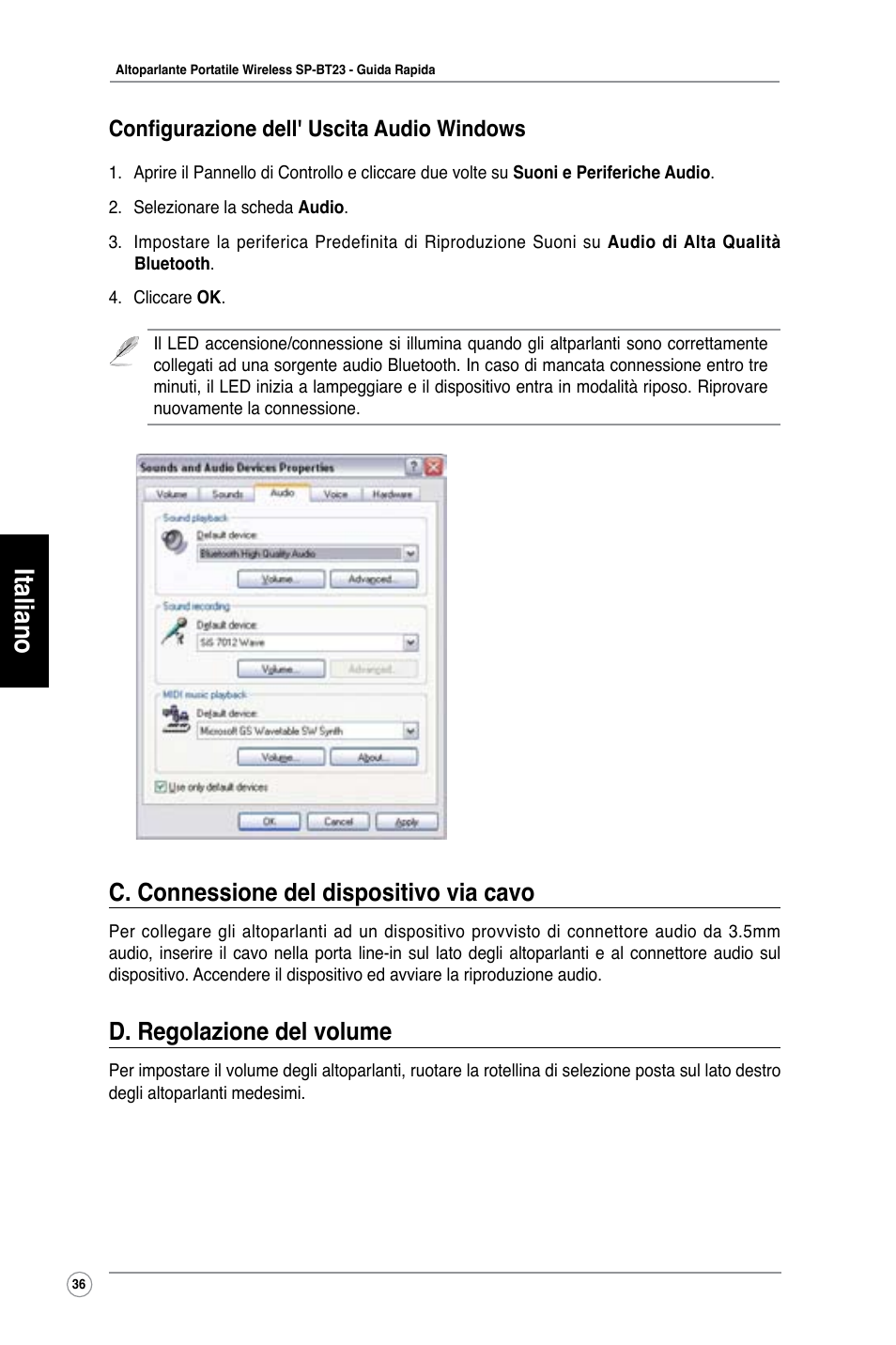 Italiano, C. connessione del dispositivo via cavo, D. regolazione del volume | Configurazione dell' uscita audio windows | Asus SP-BT23 User Manual | Page 41 / 77