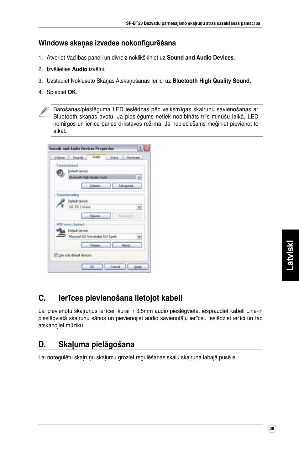 Latviski, C. ierīces pievienošana lietojot kabeli, D. skaļuma pielāgošana | Windows skaņas izvades nokonfigurēšana | Asus SP-BT23 User Manual | Page 44 / 77