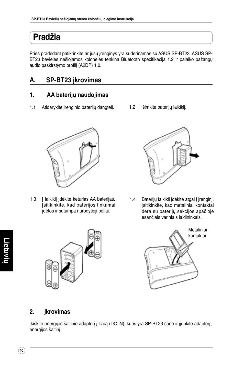 Pradžia, Lietuvių, A. sp-bt23 įkrovimas | Aa baterijų naudojimas, Įkrovimas | Asus SP-BT23 User Manual | Page 45 / 77