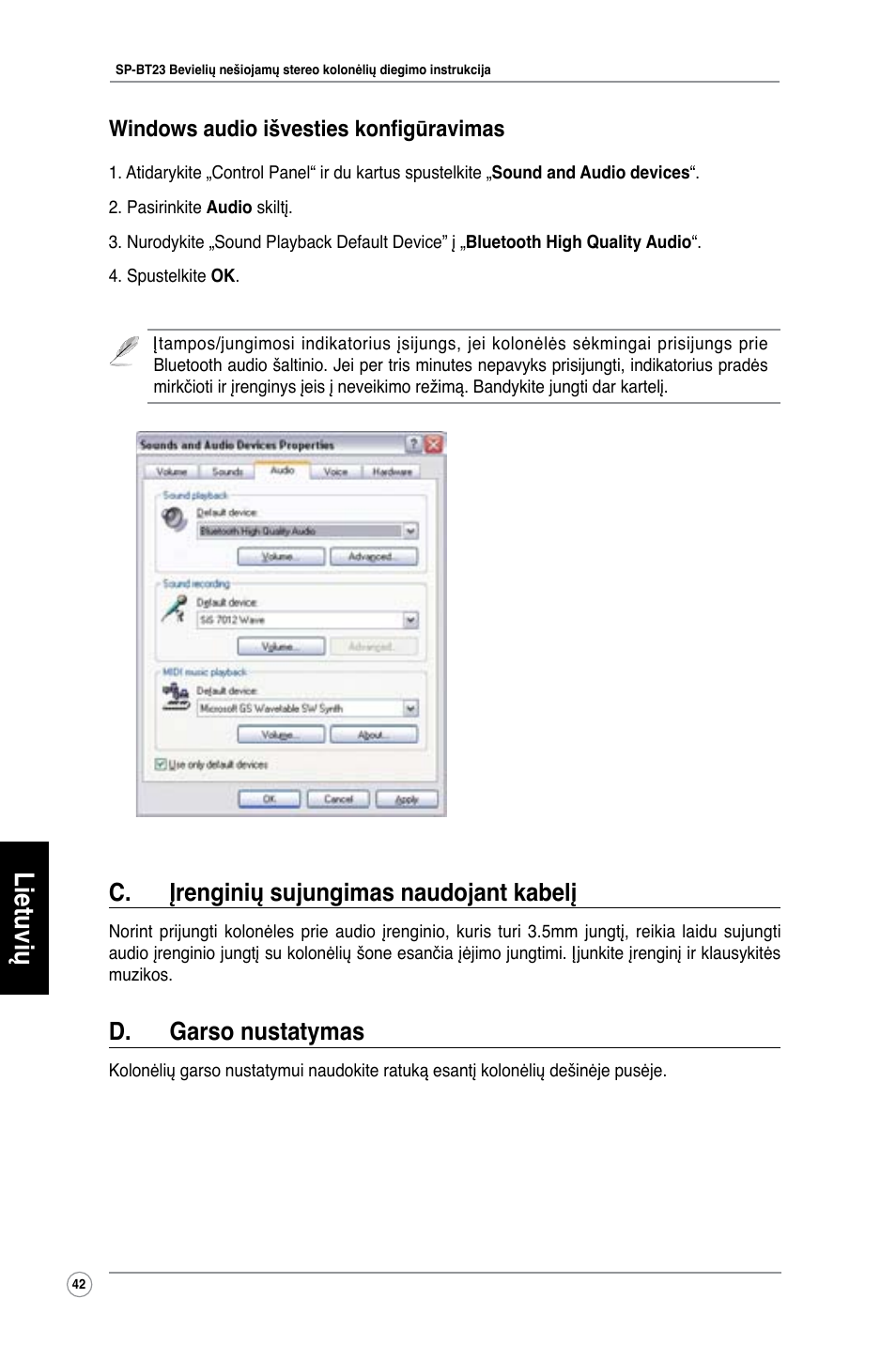 Lietuvių, C. įrenginių sujungimas naudojant kabelį, D. garso nustatymas | Windows audio išvesties konfigūravimas | Asus SP-BT23 User Manual | Page 47 / 77