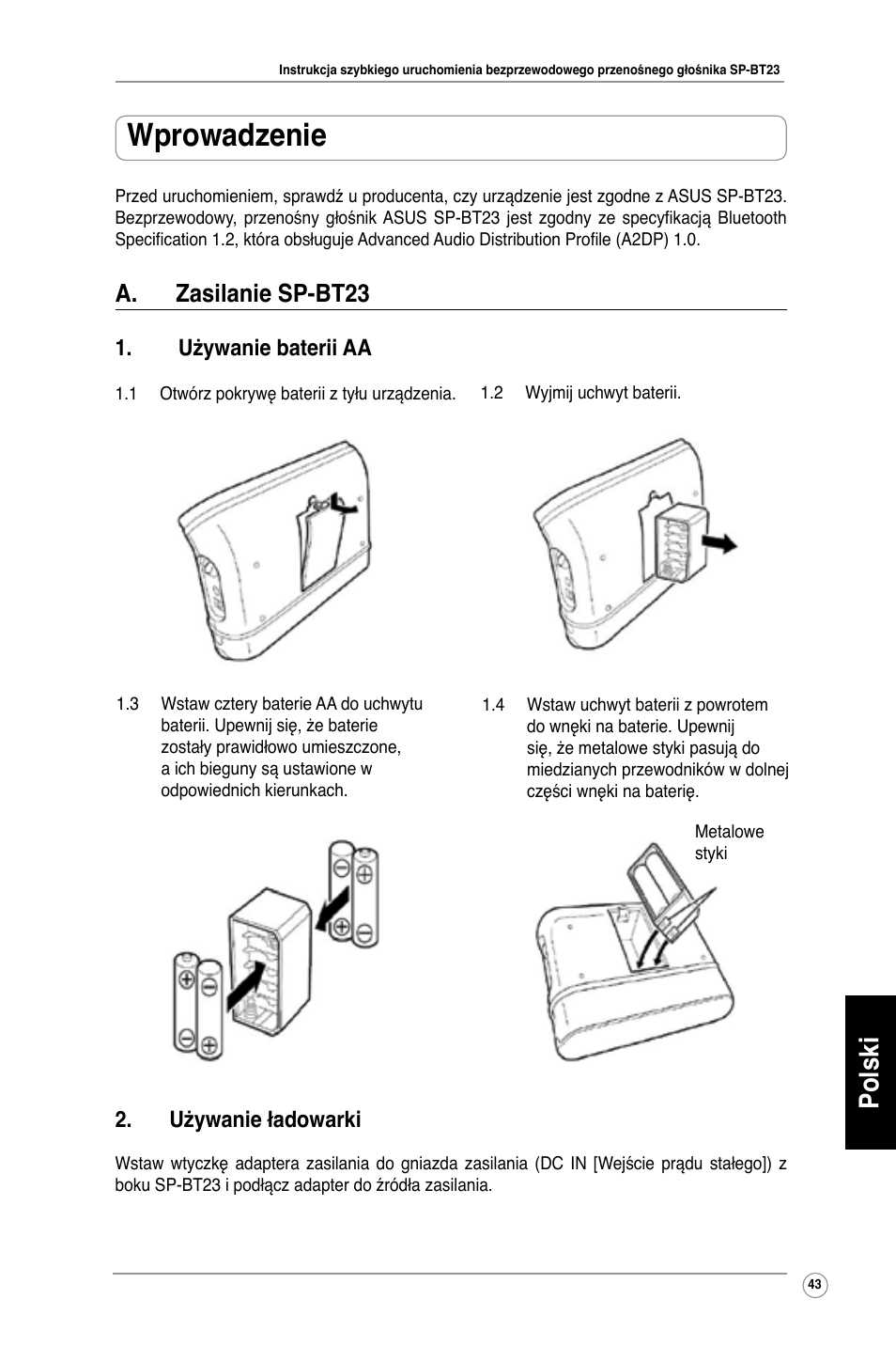 Wprowadzenie, Polski, A. zasilanie sp-bt23 | Używanie baterii aa, Używanie ładowarki | Asus SP-BT23 User Manual | Page 48 / 77