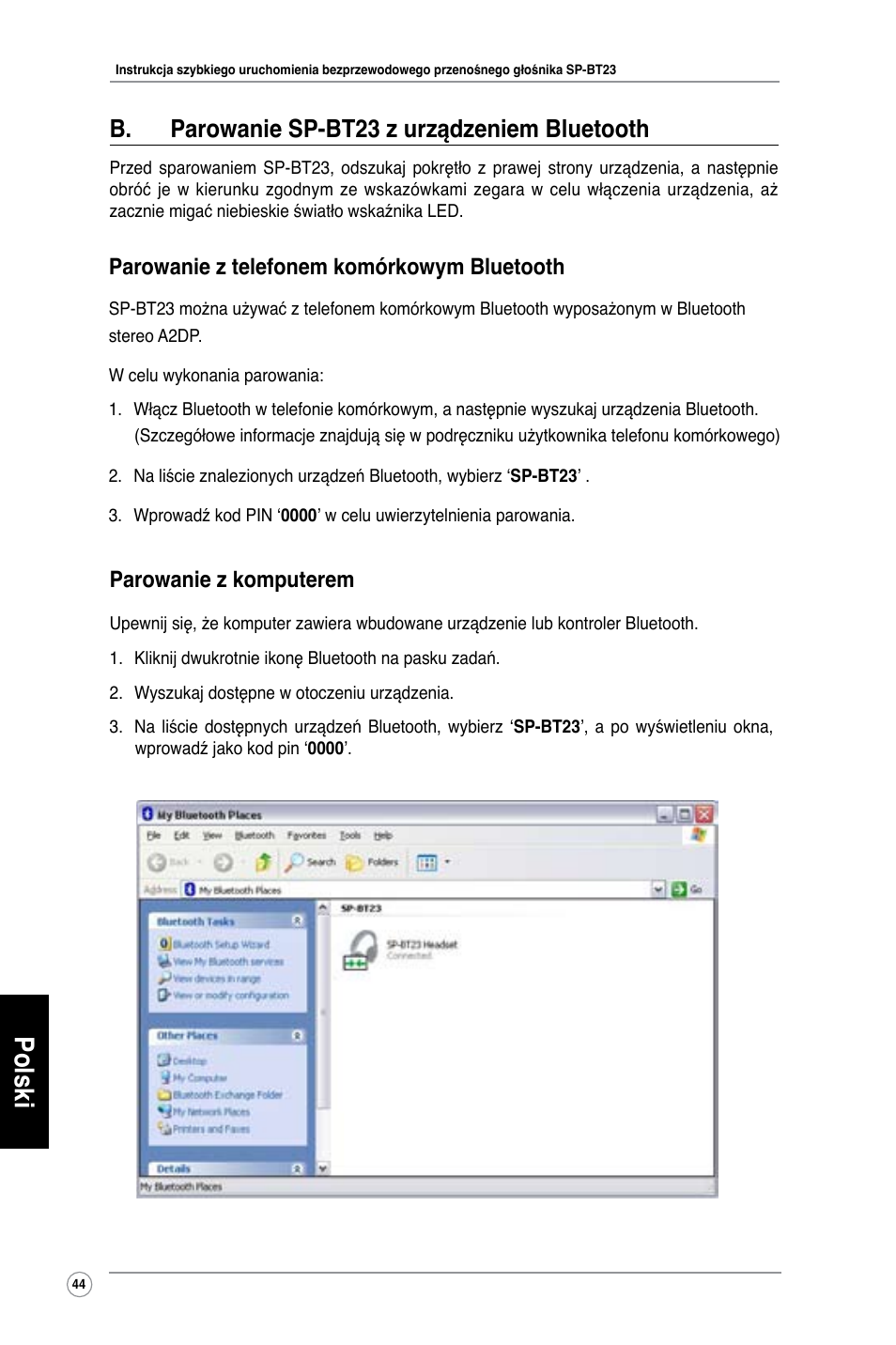 Polski, B. parowanie sp-bt23 z urządzeniem bluetooth, Parowanie z komputerem | Parowanie z telefonem komórkowym bluetooth | Asus SP-BT23 User Manual | Page 49 / 77