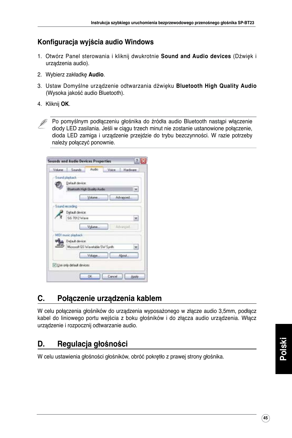 Polski, C. połączenie urządzenia kablem, D. regulacja głośności | Konfiguracja wyjścia audio windows | Asus SP-BT23 User Manual | Page 50 / 77