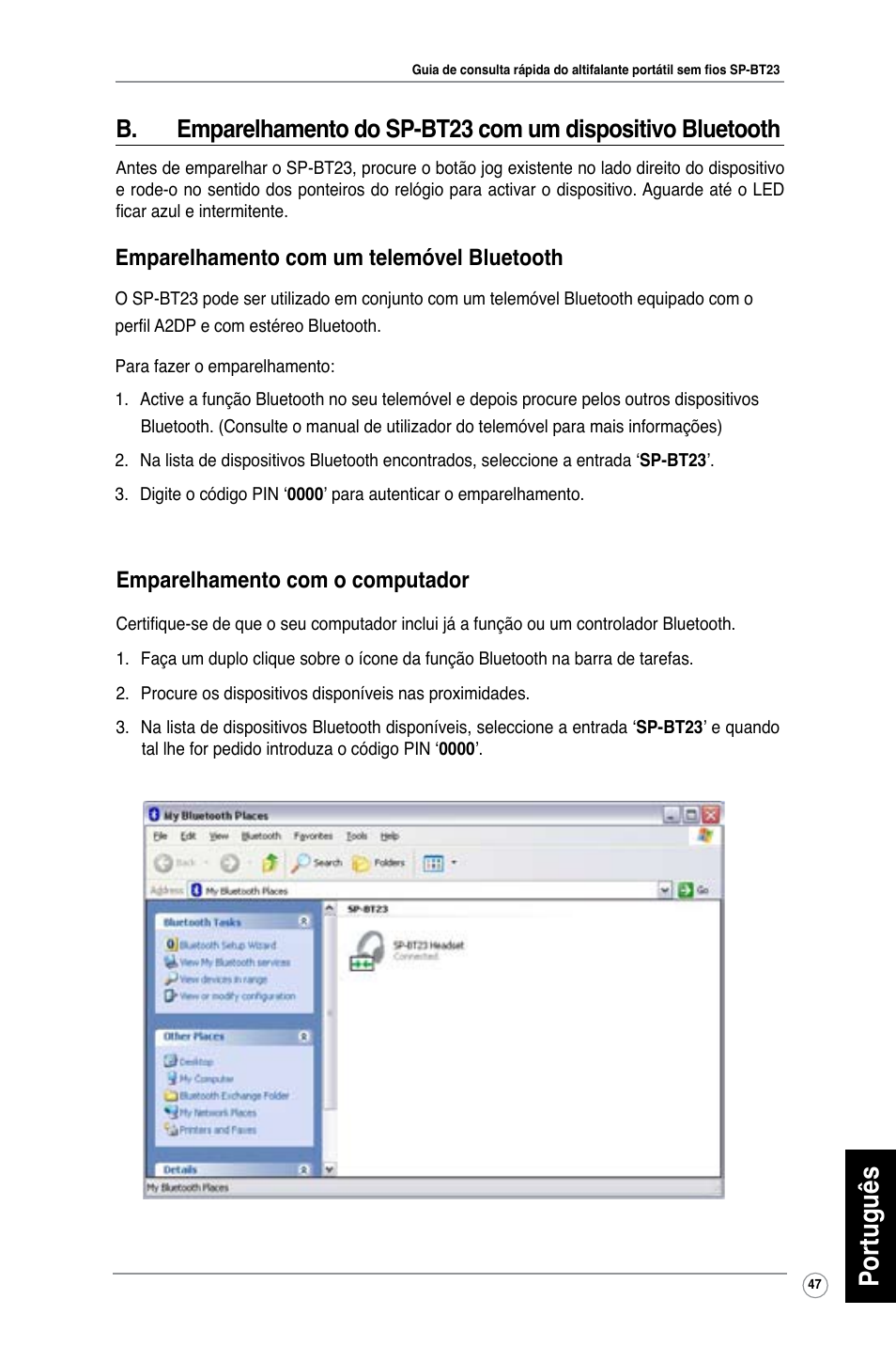 Português, Emparelhamento com o computador, Emparelhamento com um telemóvel bluetooth | Asus SP-BT23 User Manual | Page 52 / 77