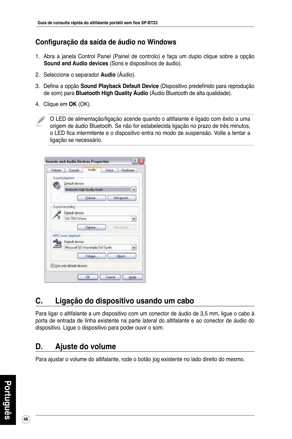 Português, C. ligação do dispositivo usando um cabo, D. ajuste do volume | Configuração da saída de áudio no windows | Asus SP-BT23 User Manual | Page 53 / 77