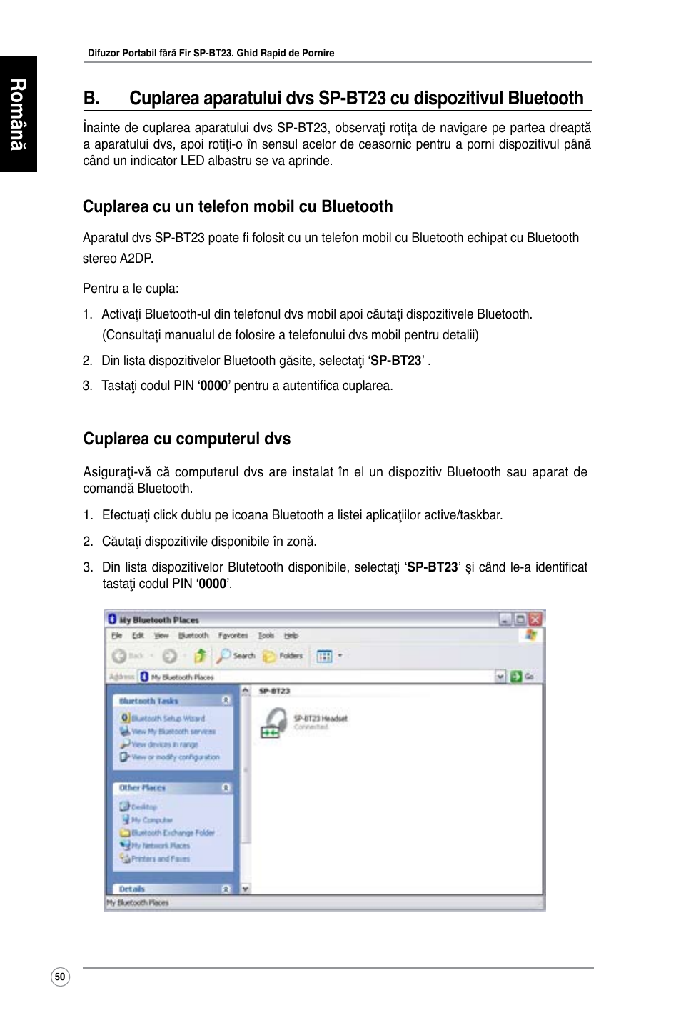 Română, Cuplarea cu computerul dvs, Cuplarea cu un telefon mobil cu bluetooth | Asus SP-BT23 User Manual | Page 55 / 77