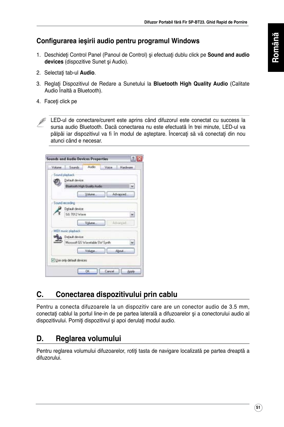 Română, C. conectarea dispozitivului prin cablu, D. reglarea volumului | Asus SP-BT23 User Manual | Page 56 / 77