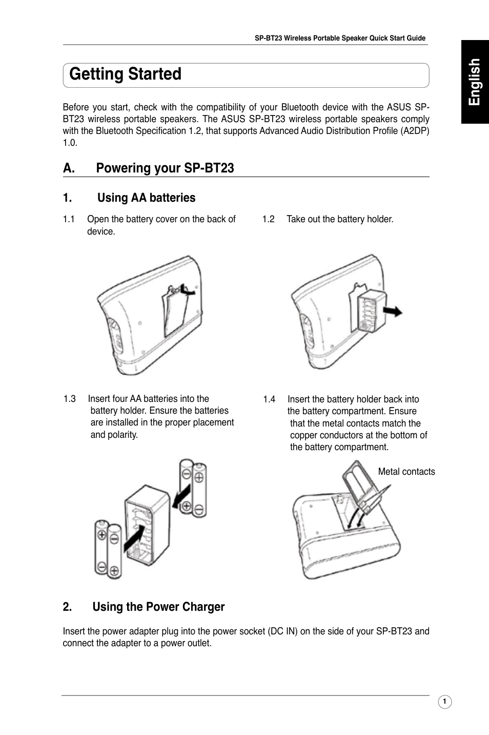 Getting started, English, A. powering your sp-bt23 | Using aa batteries, Using the power charger | Asus SP-BT23 User Manual | Page 6 / 77