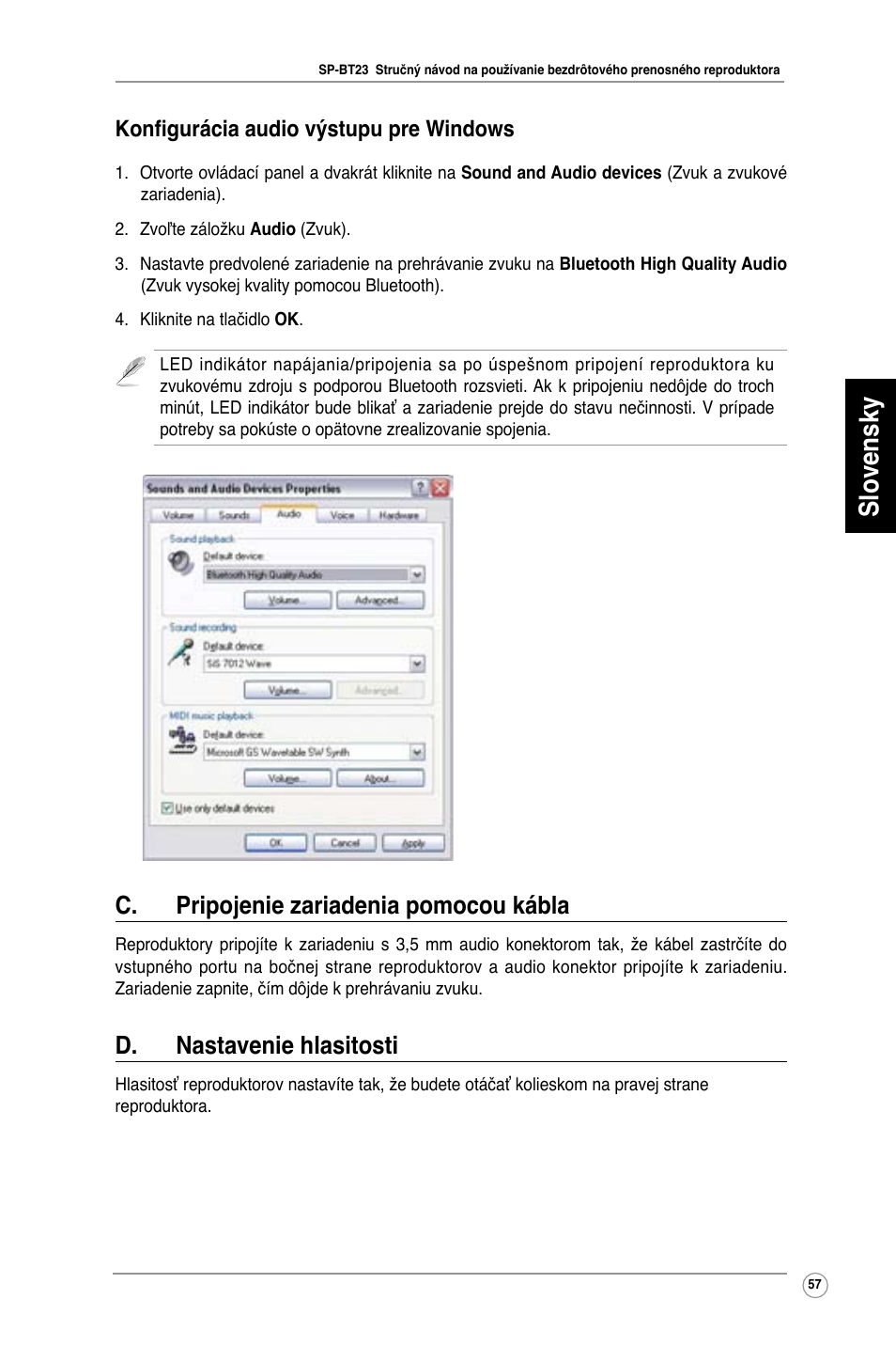 Slovensky, C. pripojenie zariadenia pomocou kábla, D. nastavenie hlasitosti | Konfigurácia audio výstupu pre windows | Asus SP-BT23 User Manual | Page 62 / 77