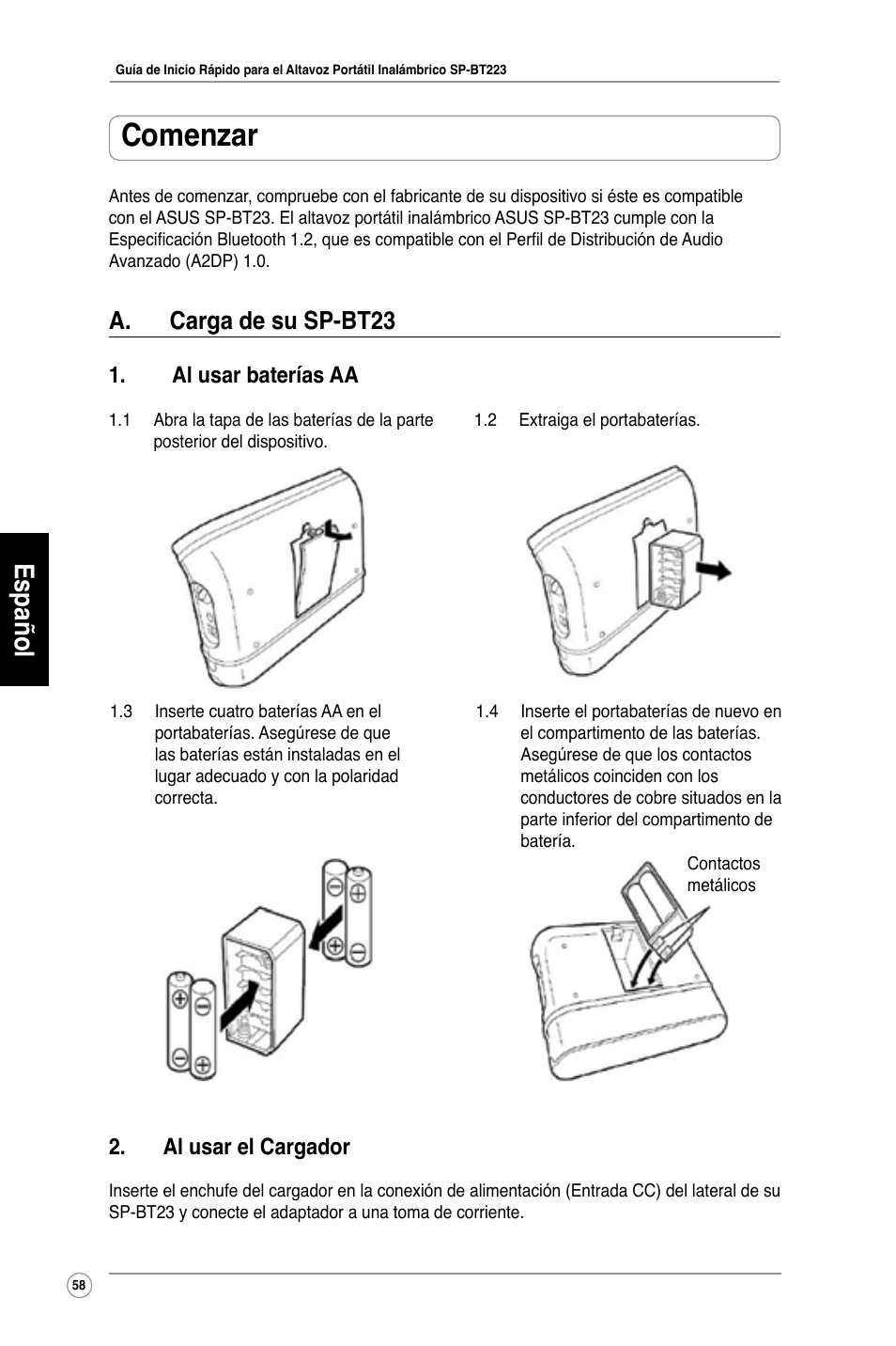 Comenzar, Español, A. carga de su sp-bt23 | Al usar baterías aa, Al usar el cargador | Asus SP-BT23 User Manual | Page 63 / 77