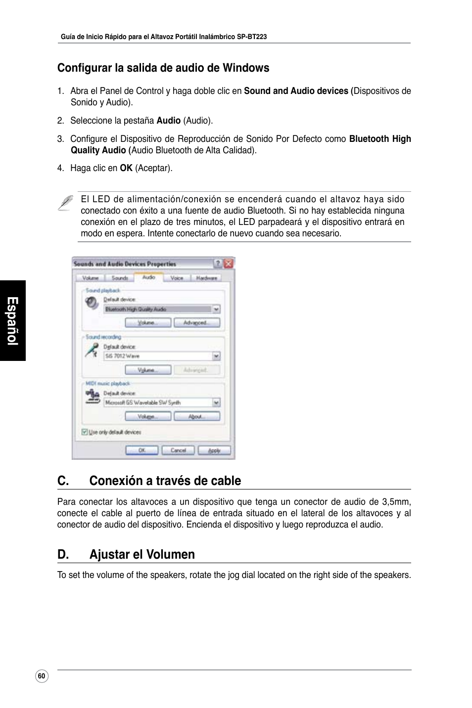 Español, C. conexión a través de cable, D. ajustar el volumen | Configurar la salida de audio de windows | Asus SP-BT23 User Manual | Page 65 / 77