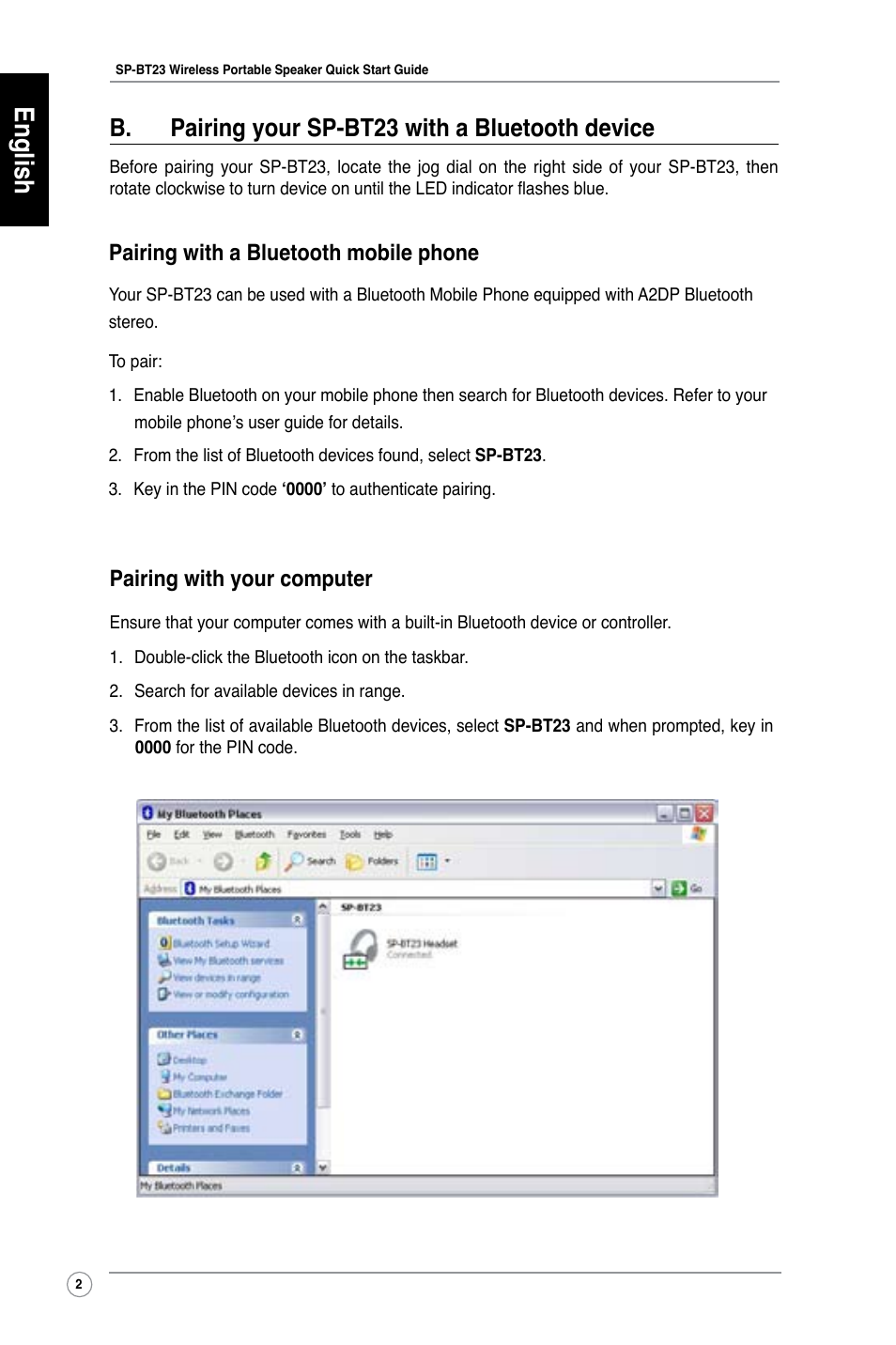 English, B. pairing your sp-bt23 with a bluetooth device, Pairing with your computer | Pairing with a bluetooth mobile phone | Asus SP-BT23 User Manual | Page 7 / 77