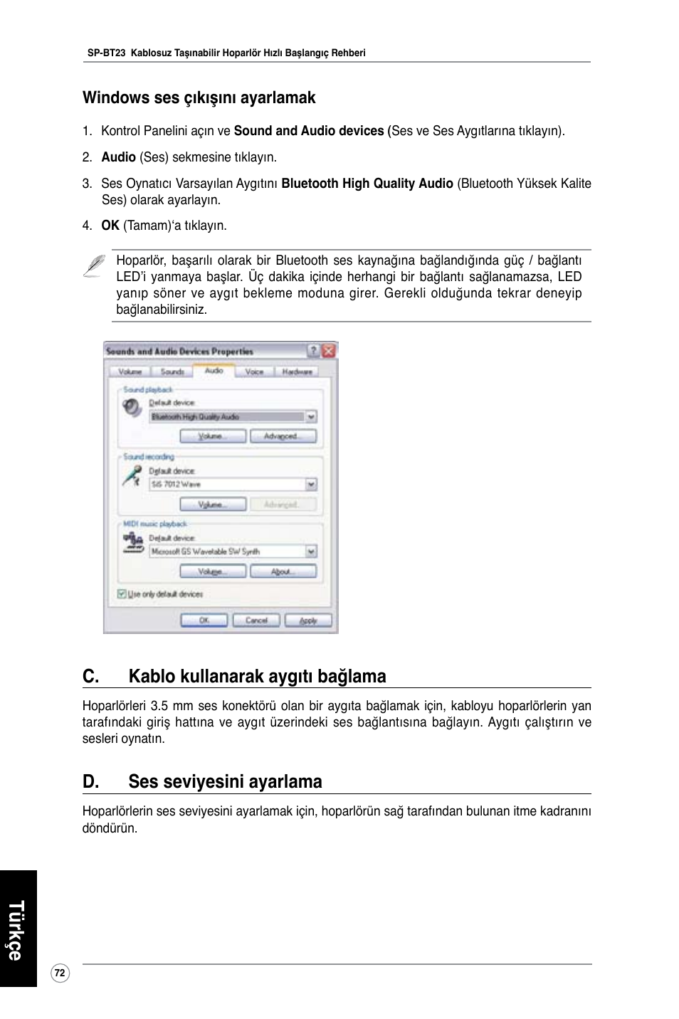 Türkçe, C. kablo kullanarak aygıtı bağlama, D. ses seviyesini ayarlama | Windows ses çıkışını ayarlamak | Asus SP-BT23 User Manual | Page 77 / 77