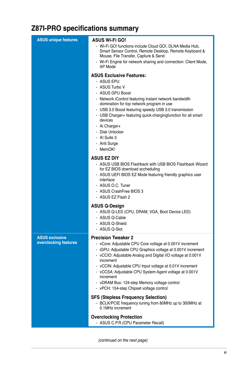 Z87i-pro specifications summary | Asus Z87I-PRO User Manual | Page 11 / 144