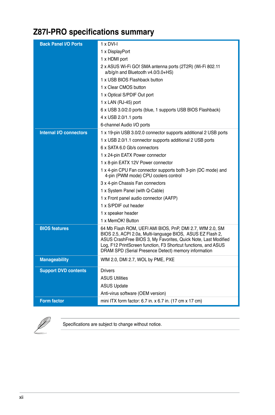 Z87i-pro specifications summary | Asus Z87I-PRO User Manual | Page 12 / 144