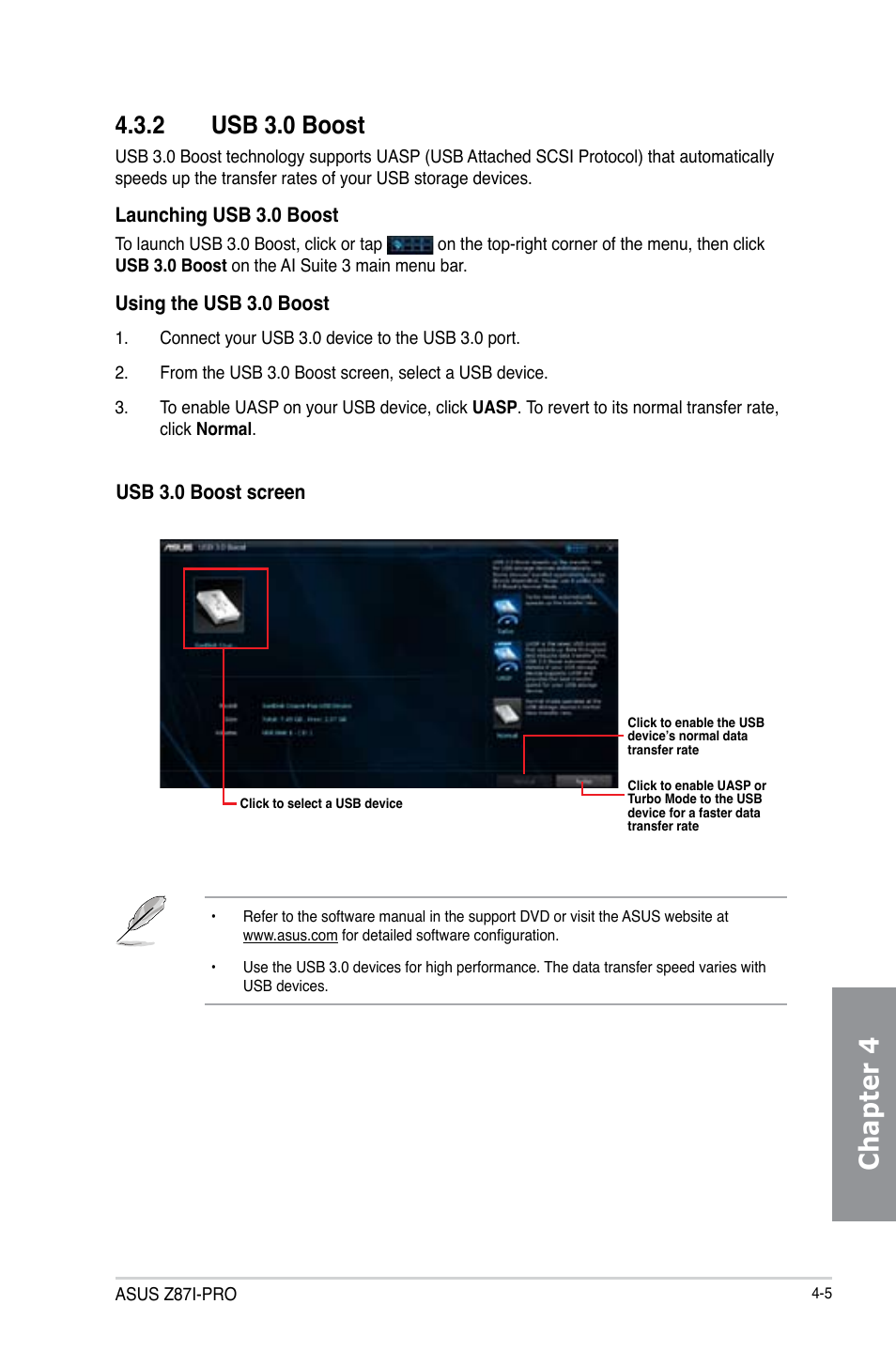 2 usb 3.0 boost, Usb 3.0 boost -5, Chapter 4 | Asus Z87I-PRO User Manual | Page 121 / 144