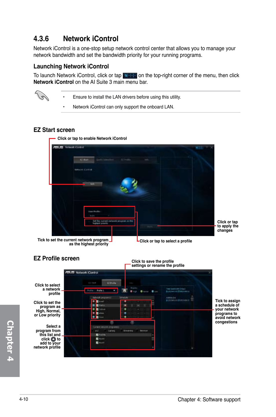 6 network icontrol, Network icontrol -10, Chapter 4 | Launching network icontrol, Ez start screen ez profile screen | Asus Z87I-PRO User Manual | Page 126 / 144