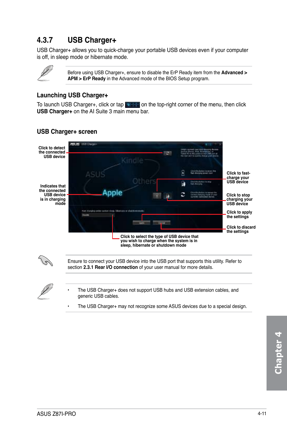 7 usb charger, Usb charger+ -11, Chapter 4 | Launching usb charger, Usb charger+ screen | Asus Z87I-PRO User Manual | Page 127 / 144