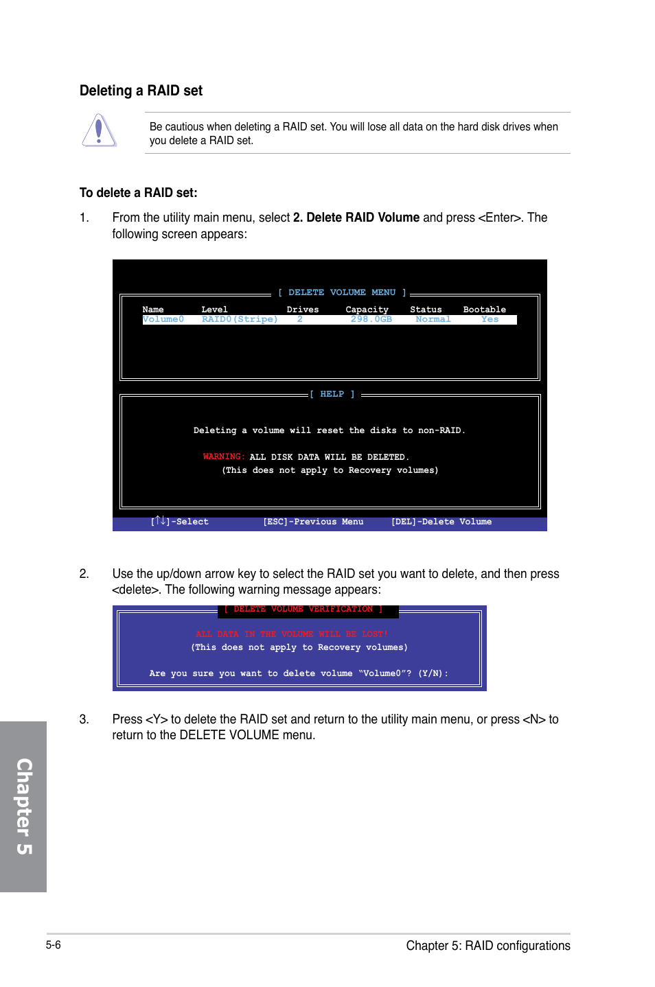 Chapter 5, Deleting a raid set | Asus Z87I-PRO User Manual | Page 138 / 144
