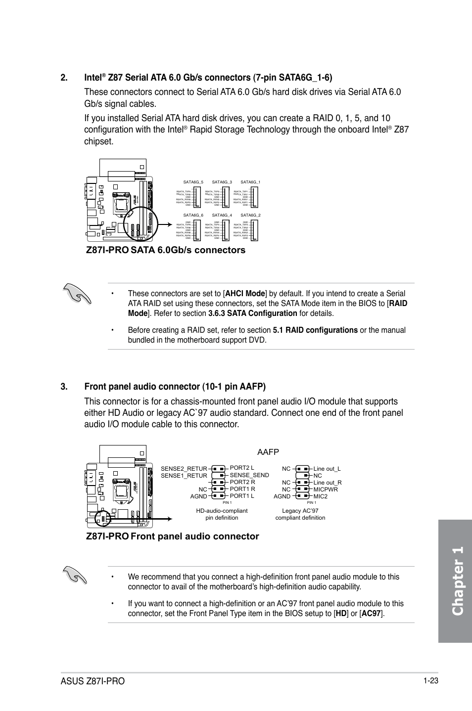 Chapter 1, Asus z87i-pro, Intel | Rapid storage technology through the onboard intel, Z87 chipset, Z87i-pro sata 6.0gb/s connectors, Z87i-pro front panel audio connector, Aafp | Asus Z87I-PRO User Manual | Page 37 / 144