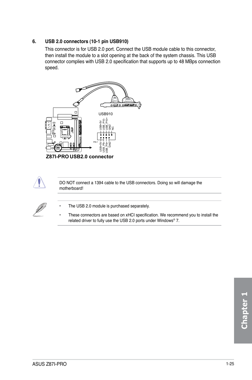 Chapter 1, Asus z87i-pro, Z87i-pro usb2.0 connector | Asus Z87I-PRO User Manual | Page 39 / 144