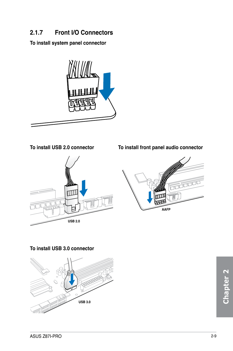 7 front i/o connectors, Front i/o connectors -9, Chapter 2 | Asus Z87I-PRO User Manual | Page 51 / 144