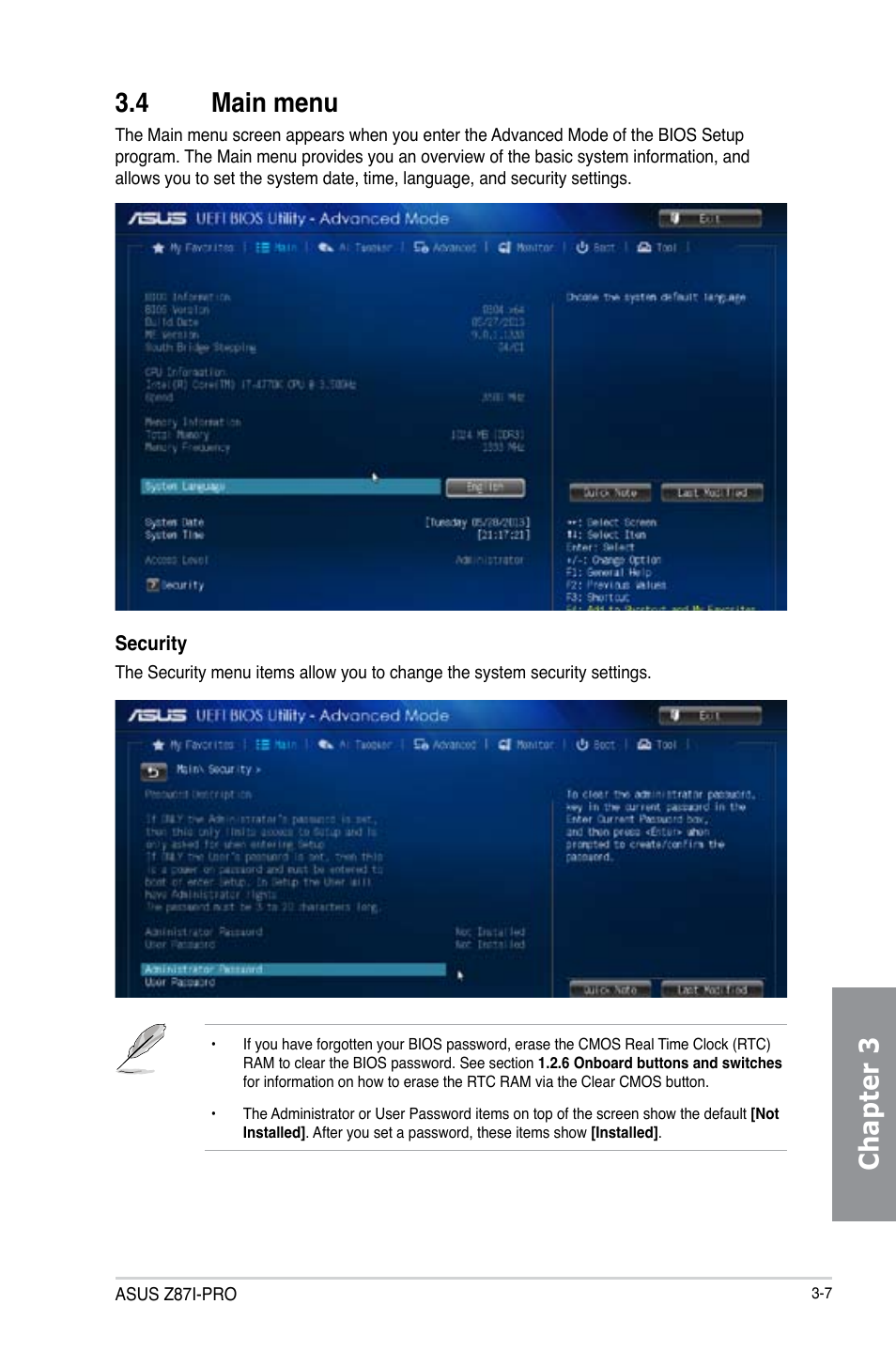 4 main menu, Main menu -7, Chapter 3 3.4 main menu | Asus Z87I-PRO User Manual | Page 67 / 144