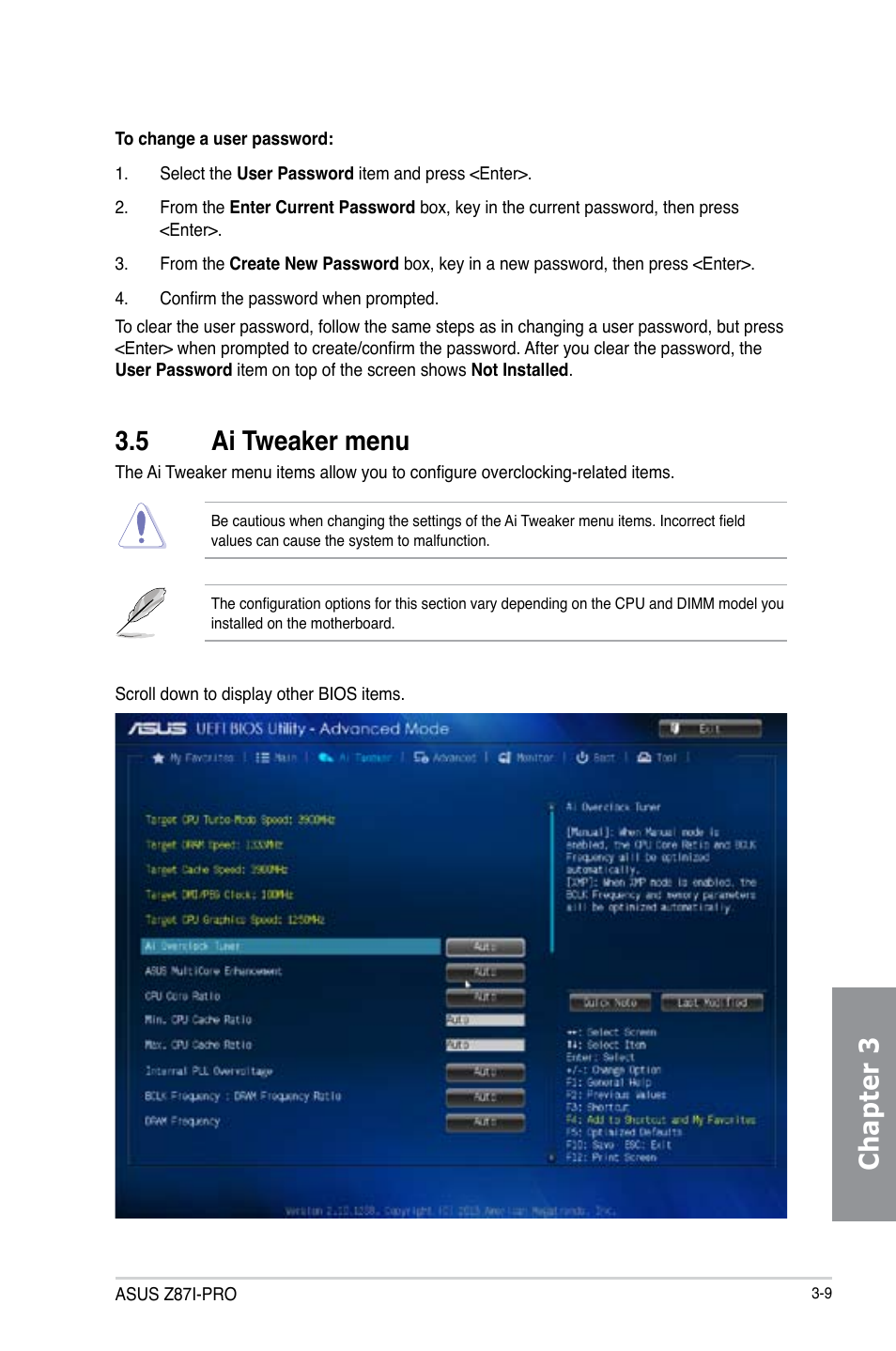 5 ai tweaker menu, Ai tweaker menu -9, Chapter 3 | Asus Z87I-PRO User Manual | Page 69 / 144