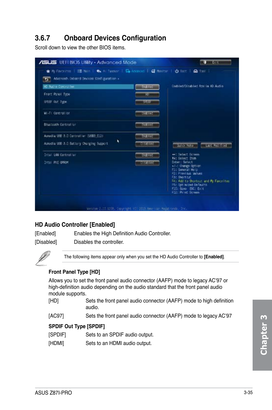 7 onboard devices configuration, Onboard devices configuration -35, Chapter 3 | Asus Z87I-PRO User Manual | Page 95 / 144