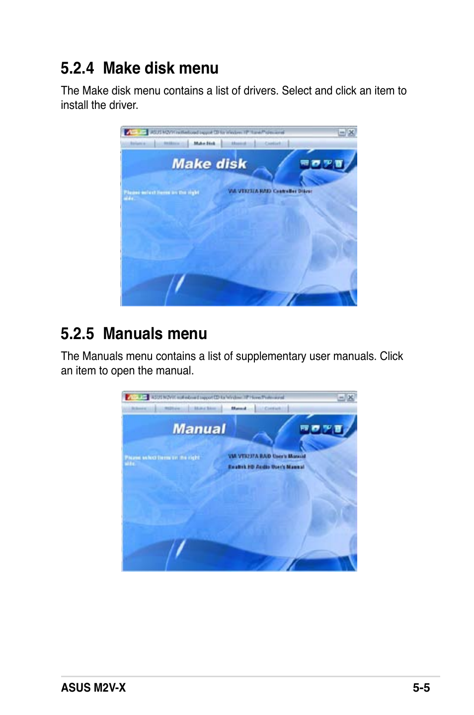 5 manuals menu, 4 make disk menu | Asus M2V-X User Manual | Page 101 / 118