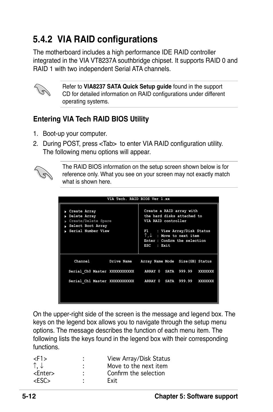 2 via raid configurations, Entering via tech raid bios utility, 12 chapter 5: software support | Asus M2V-X User Manual | Page 108 / 118