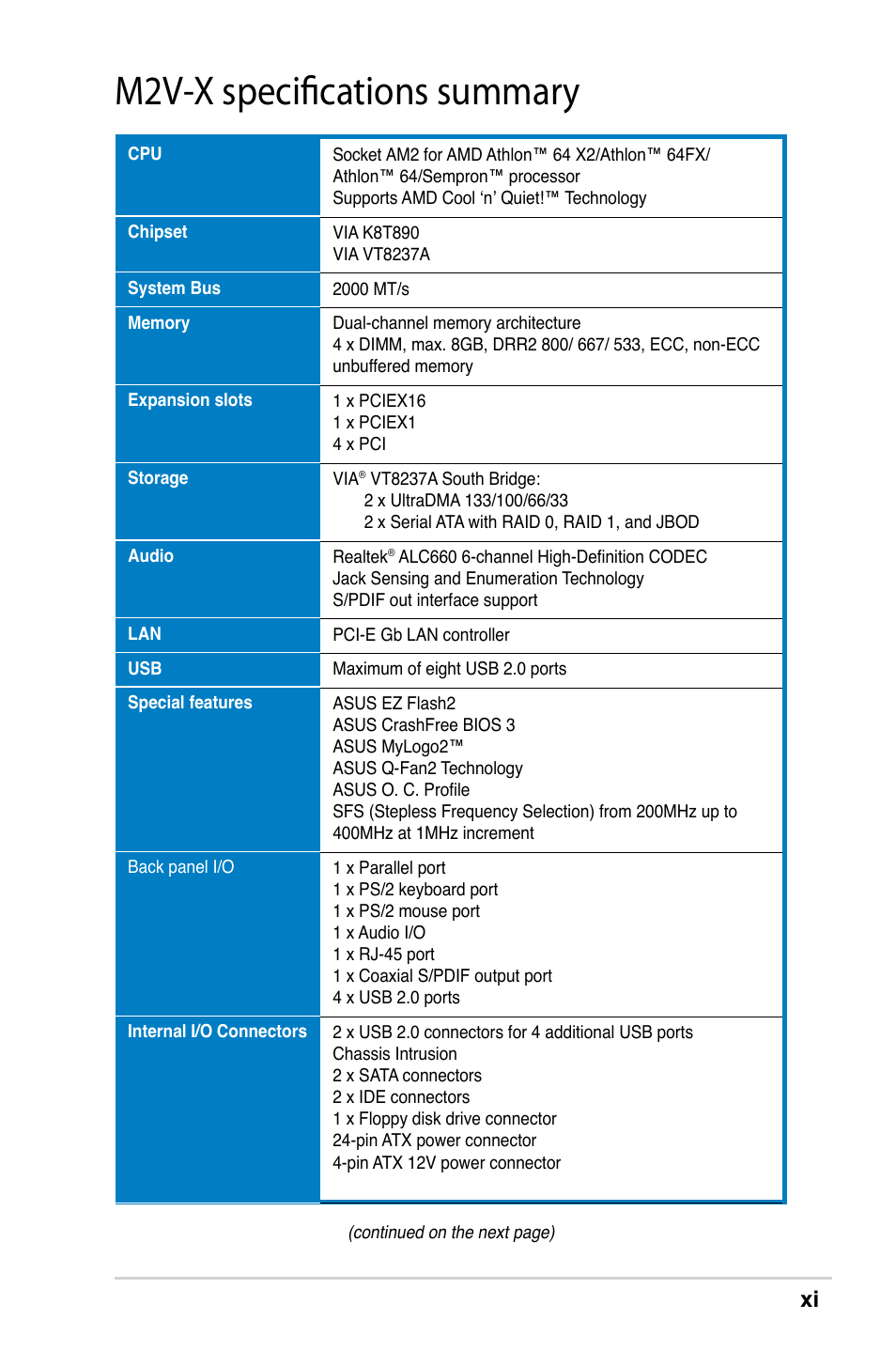 M2v-x specifications summary | Asus M2V-X User Manual | Page 11 / 118