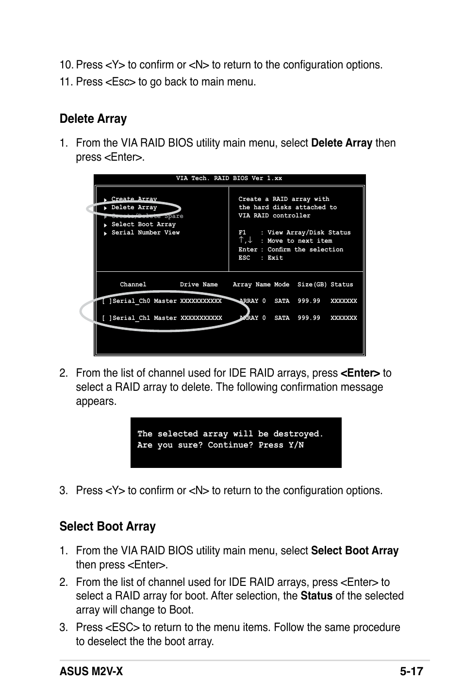 Delete array, Select boot array, Asus m2v-x 5-17 | Asus M2V-X User Manual | Page 113 / 118