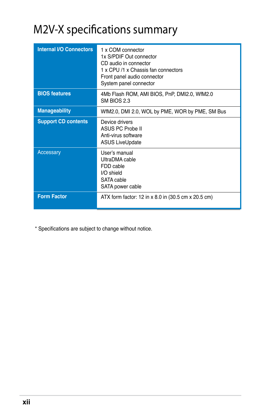 M2v-x specifications summary | Asus M2V-X User Manual | Page 12 / 118