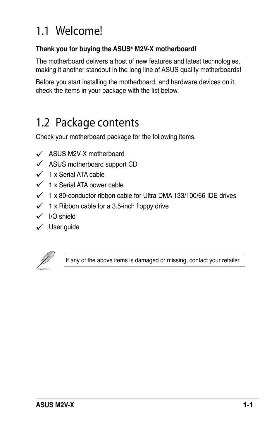 1 welcome, 2 package contents | Asus M2V-X User Manual | Page 15 / 118