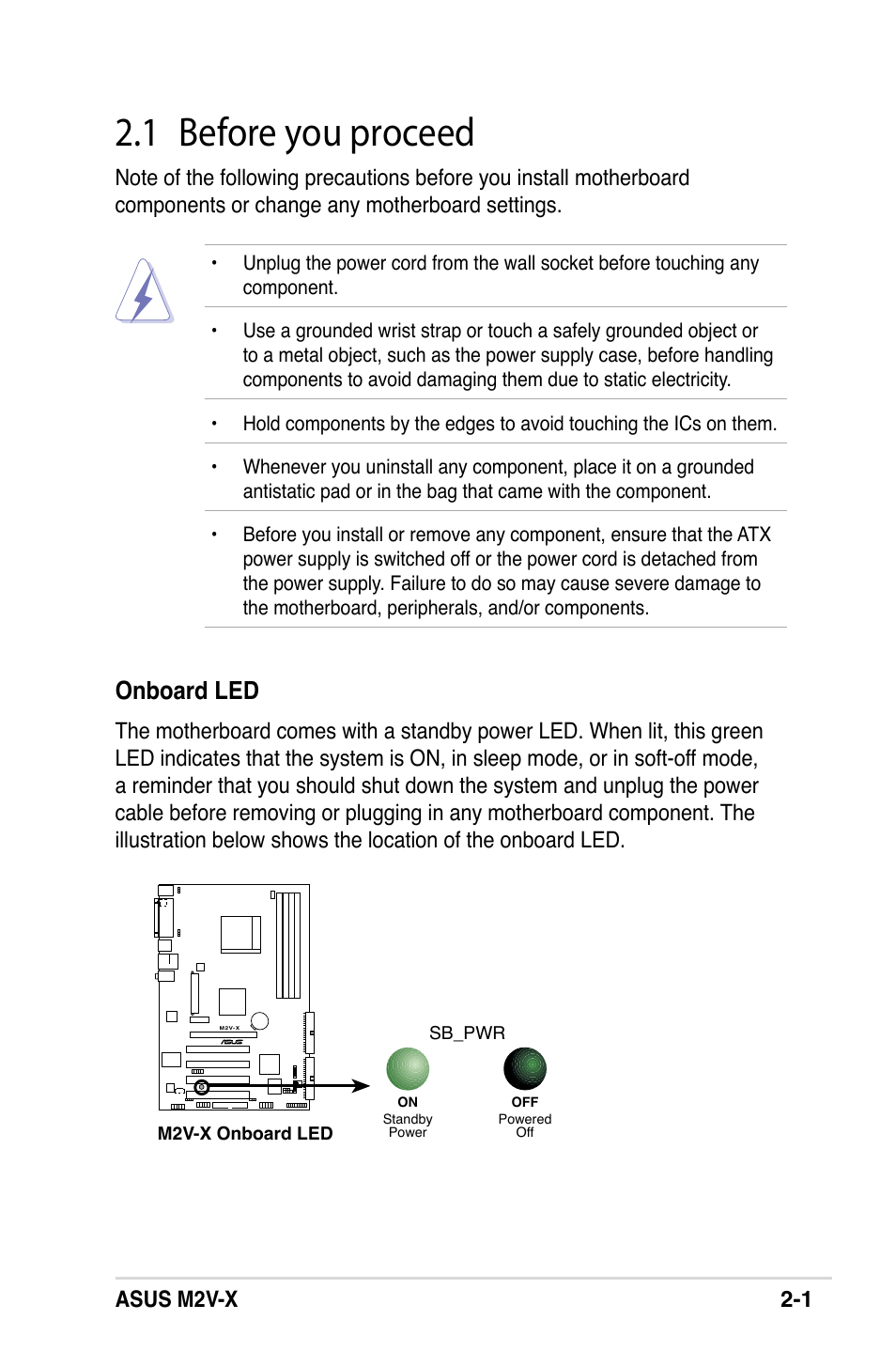 1 before you proceed, Onboard led | Asus M2V-X User Manual | Page 23 / 118