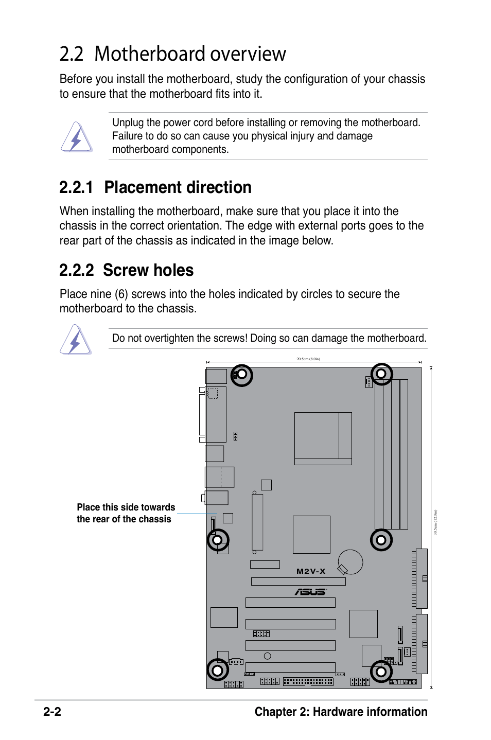 2 motherboard overview, 1 placement direction, 2 screw holes | Asus M2V-X User Manual | Page 24 / 118