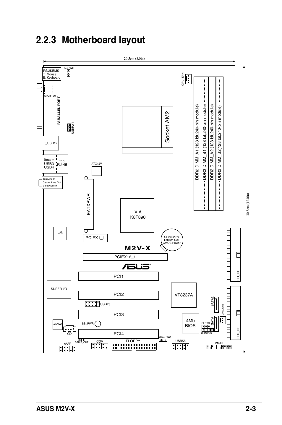 3 motherboard layout, Asus m2v-x 2-3, M2v-x | Socket am2 | Asus M2V-X User Manual | Page 25 / 118