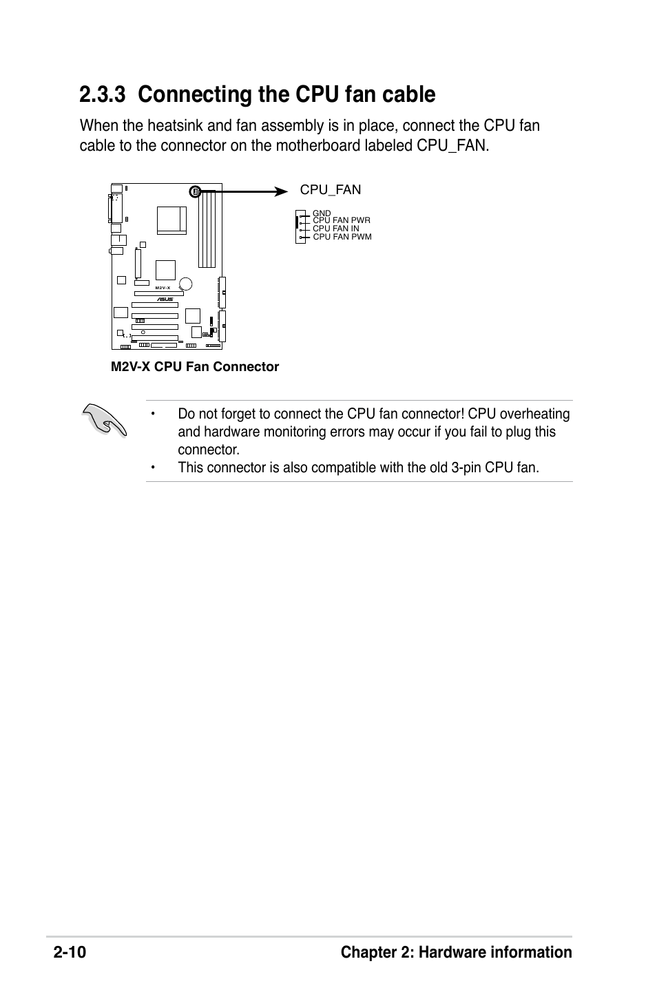 3 connecting the cpu fan cable, 10 chapter 2: hardware information | Asus M2V-X User Manual | Page 32 / 118