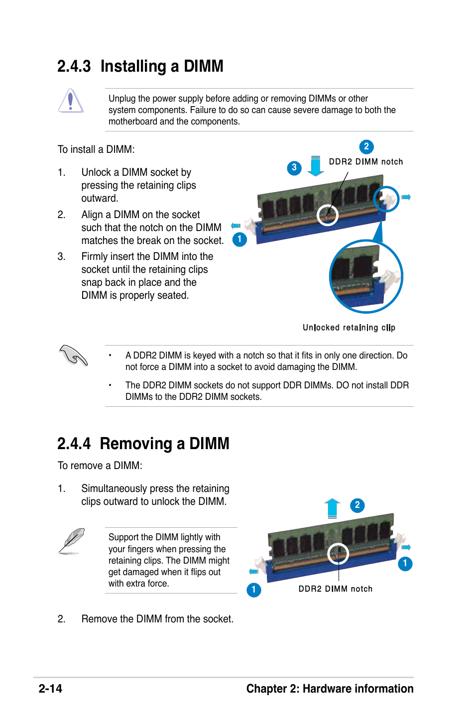 3 installing a dimm, 4 removing a dimm, 14 chapter 2: hardware information | Asus M2V-X User Manual | Page 36 / 118