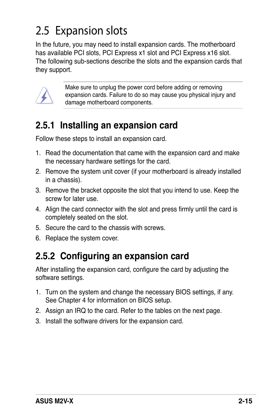 5 expansion slots, 1 installing an expansion card, 2 configuring an expansion card | Asus M2V-X User Manual | Page 37 / 118