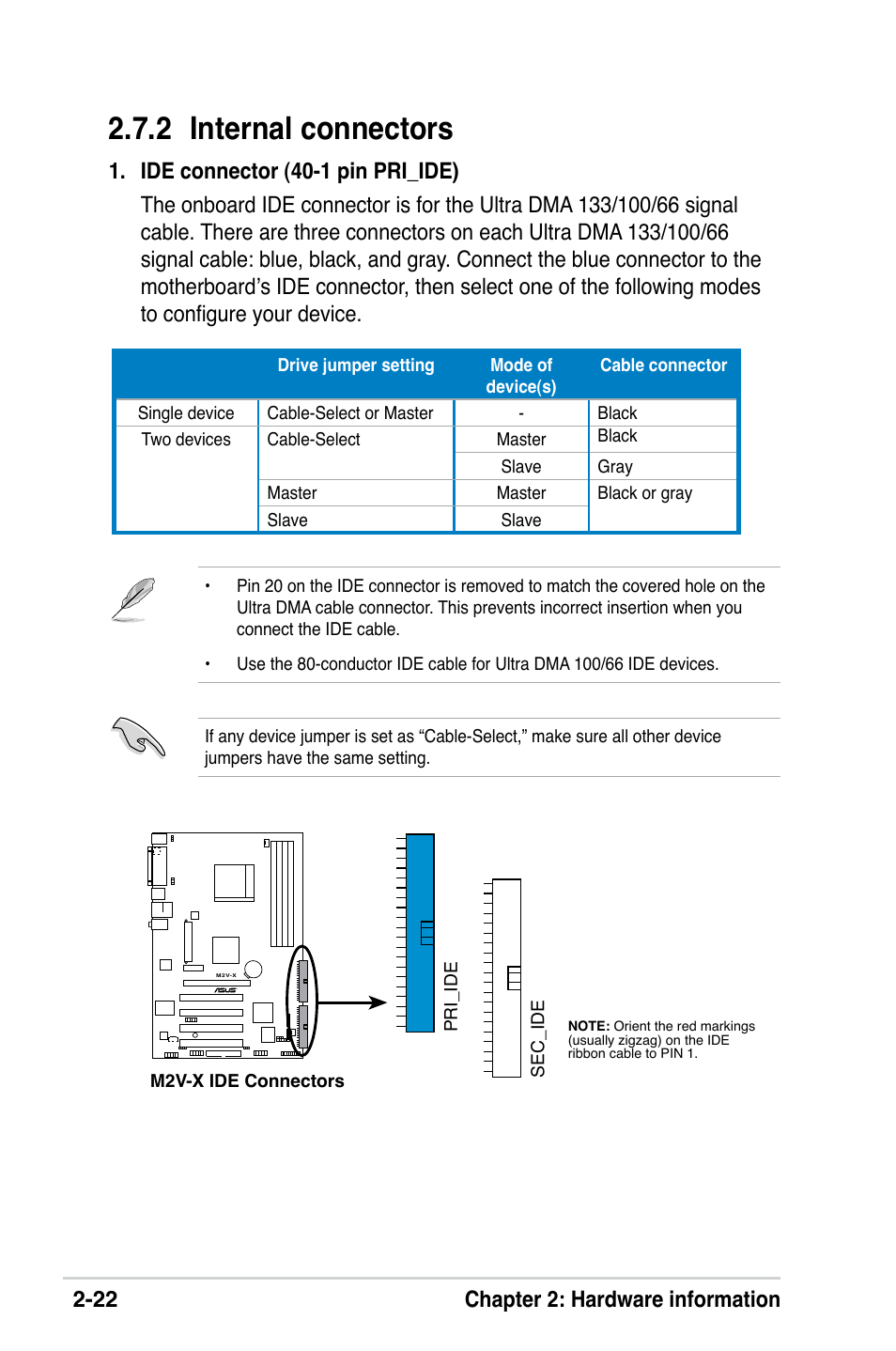 2 internal connectors, 22 chapter 2: hardware information | Asus M2V-X User Manual | Page 44 / 118