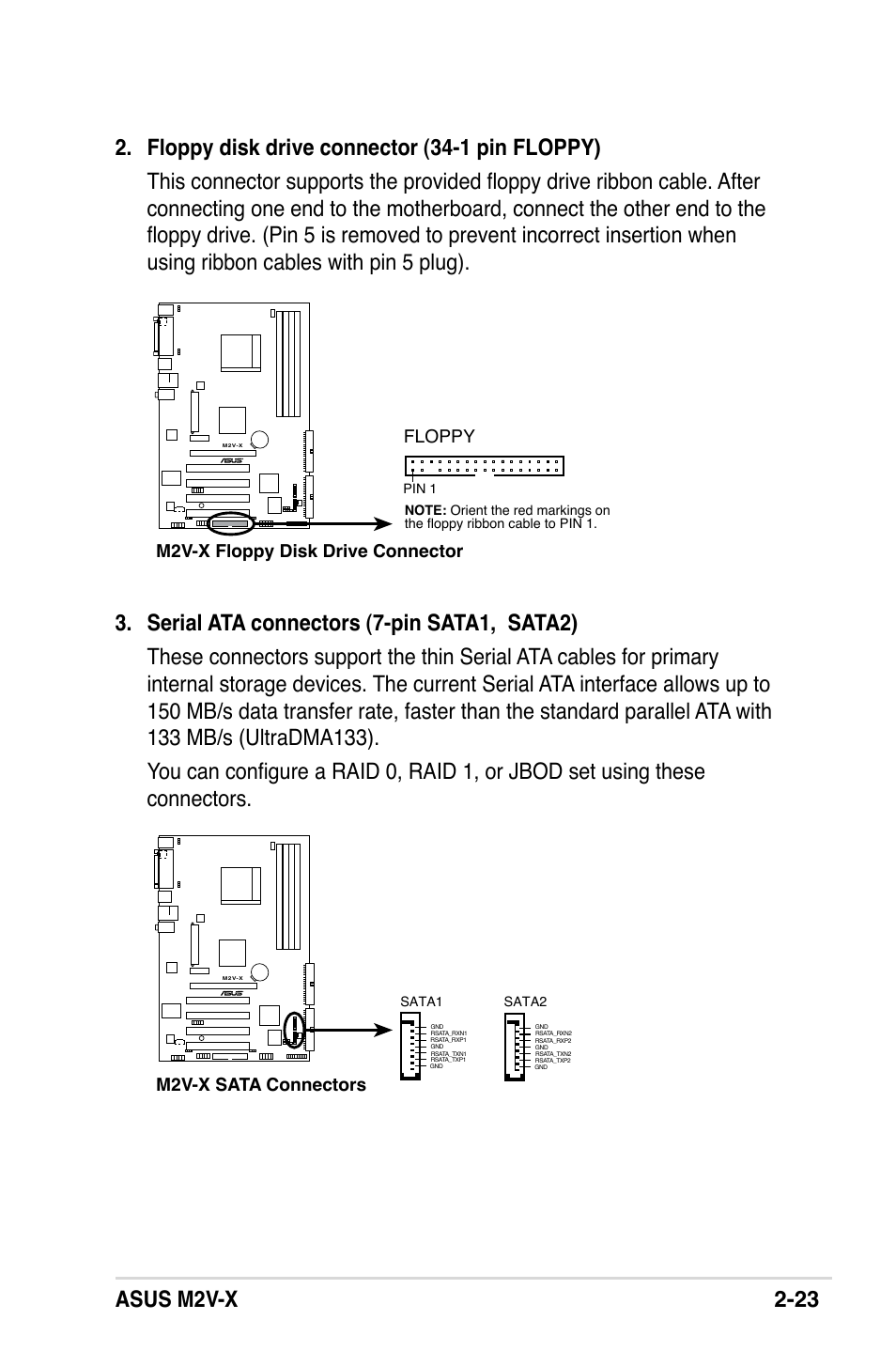 M2v-x floppy disk drive connector, Floppy, M2v-x sata connectors | Asus M2V-X User Manual | Page 45 / 118