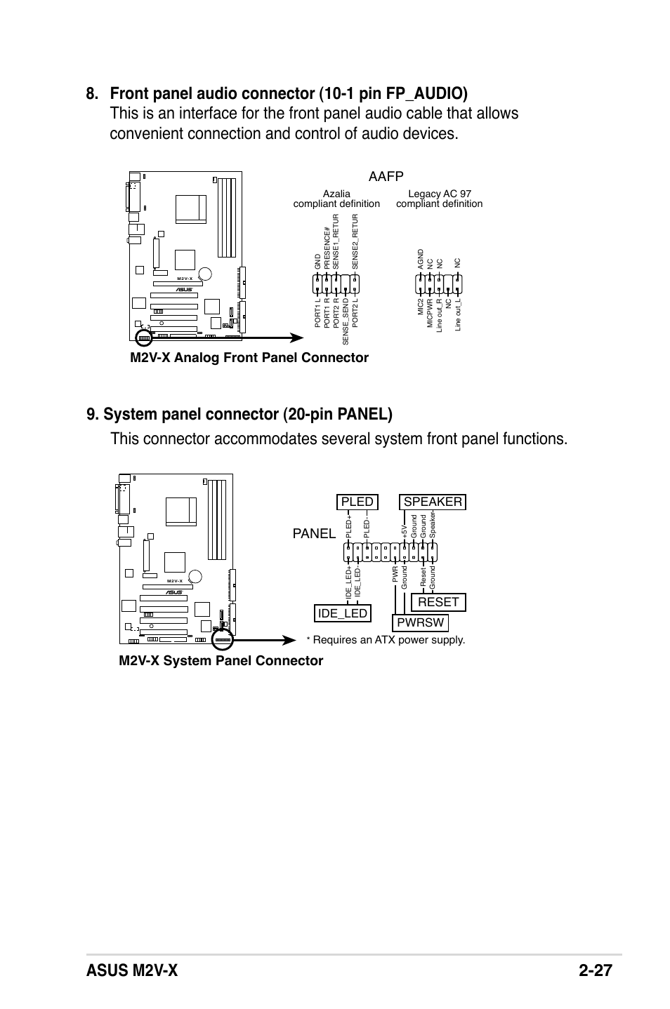 M2v-x analog front panel connector aafp, M2v-x system panel connector, Panel | Pled, Reset, Speaker, Ide_led, Pwrsw | Asus M2V-X User Manual | Page 49 / 118