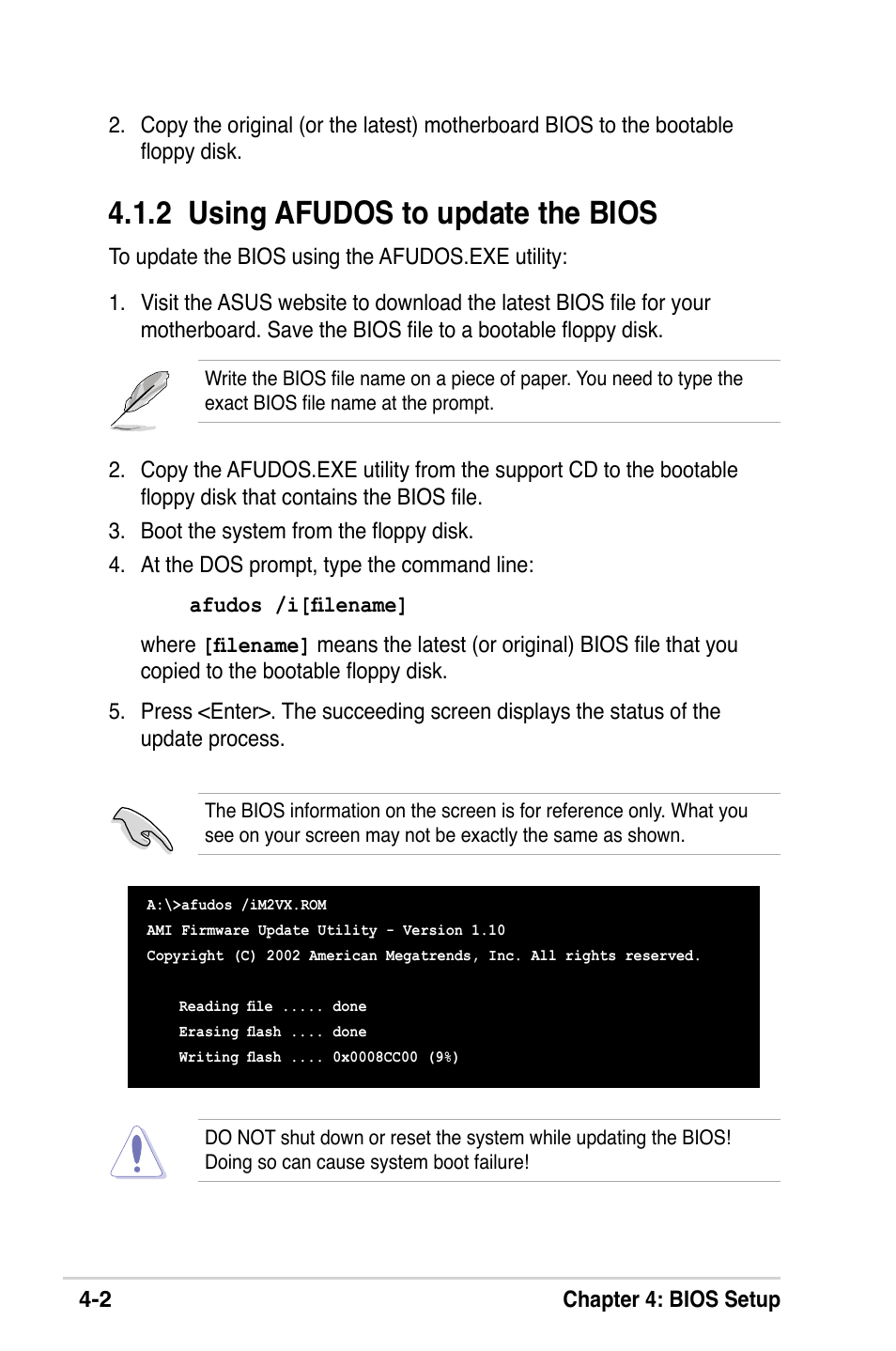 2 using afudos to update the bios | Asus M2V-X User Manual | Page 58 / 118